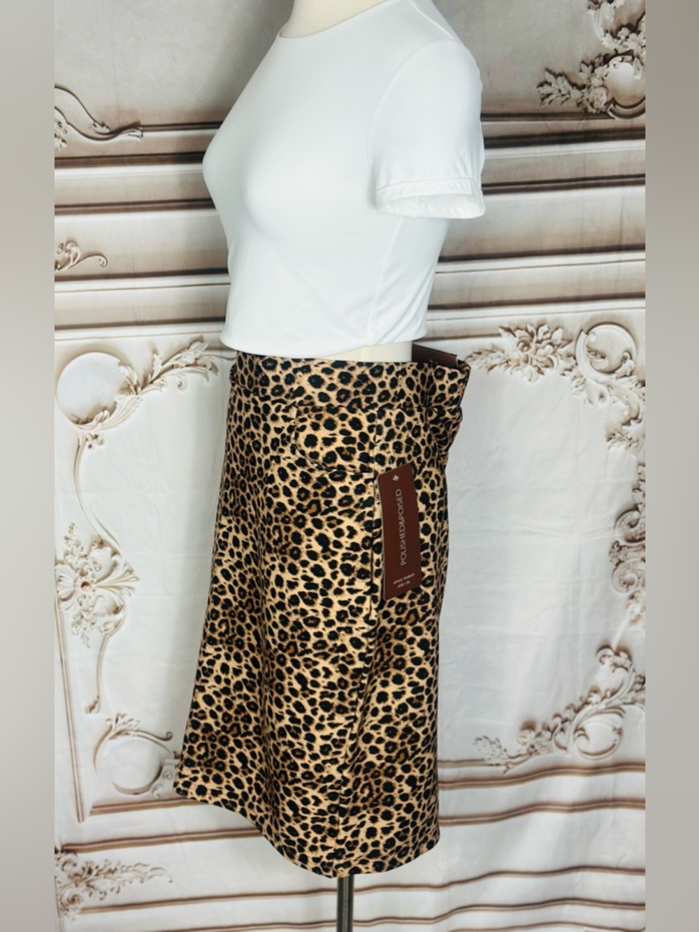 Leopard Print High-Waist Pencil Skirt - Black/Beige - Picture 3 of 9